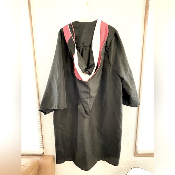 Black Graduation Gown w/ Red, Black, White Hood in 5’4” - 5’6” - Picture 3 of 4
